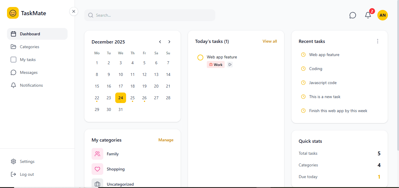 TaskMate Dashboard Interface